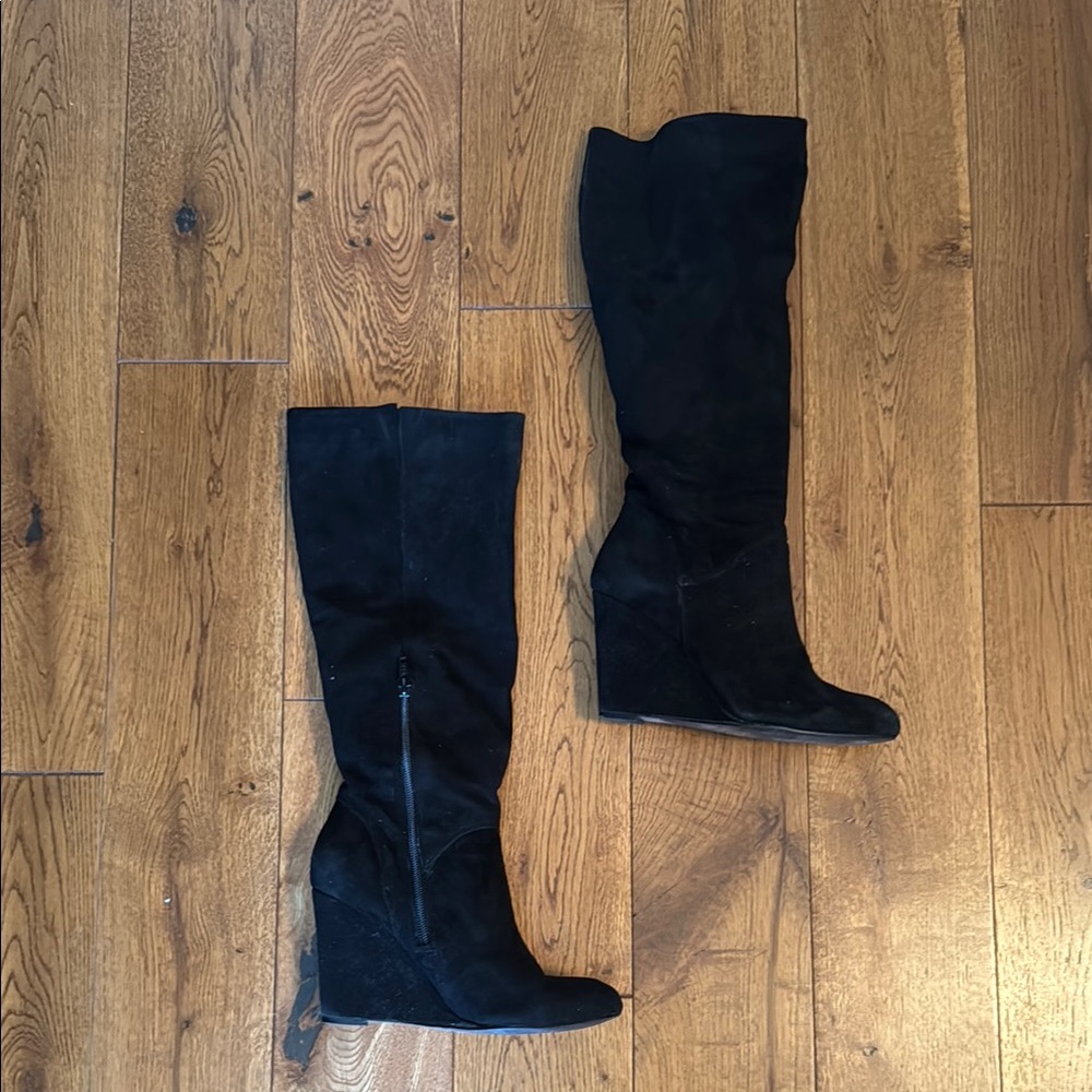 Black Suede Knee-High Wedge Boots